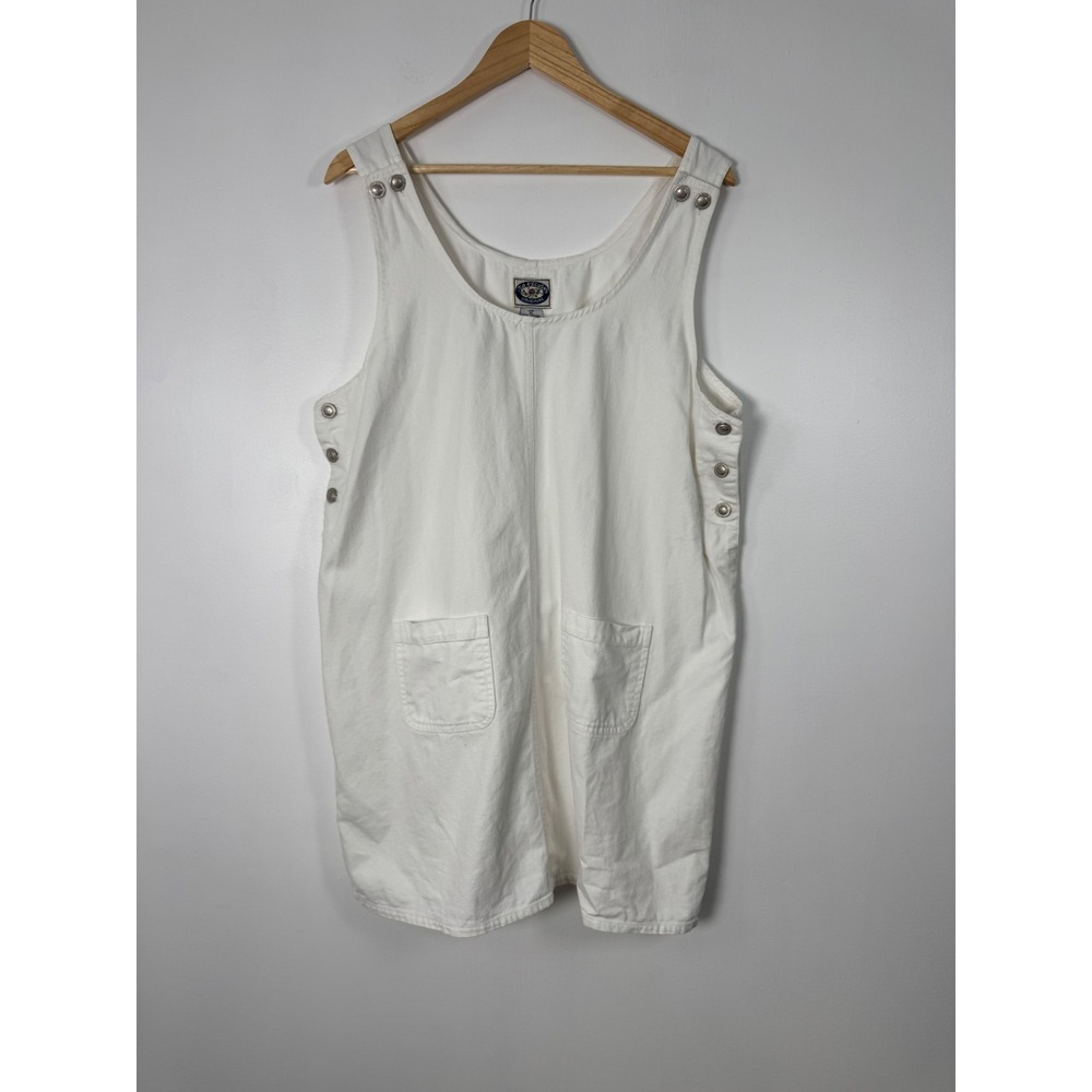 Vintage 90s No Excuses Womens XL Pinafore Dress White Cotton Denim Side Button